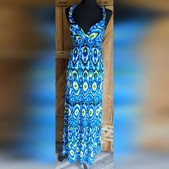 Bodycon Tribal Maxi Slip Dress Blue Summer Size Small T-1 - Picture 3 of 12